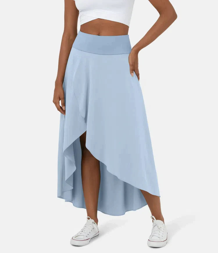 Asymmetric midi skirt shown from the back