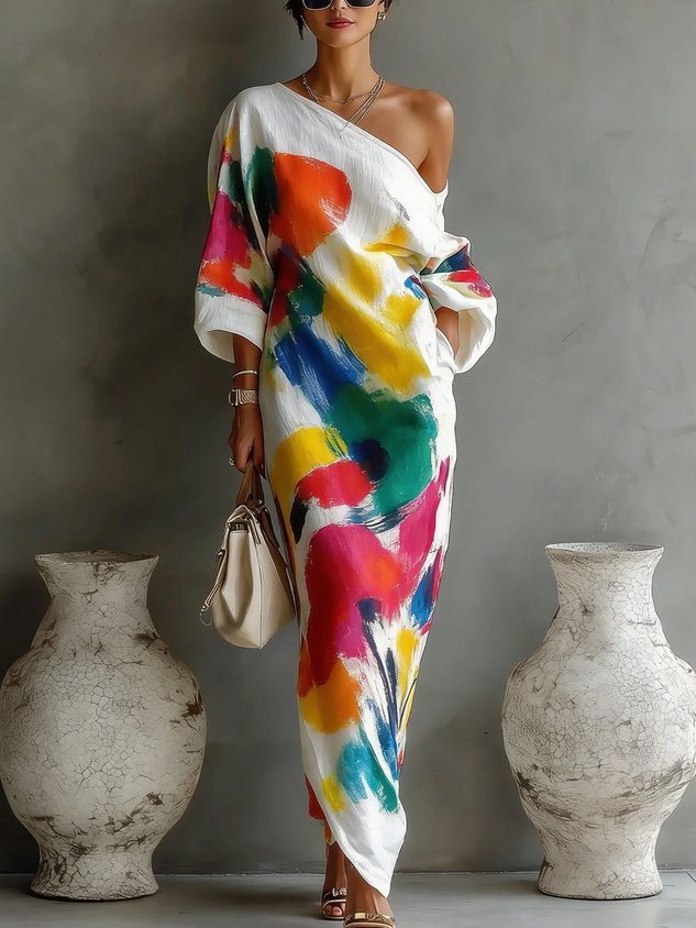 Danella Maxi Dress One-Shoulder Abstract Print