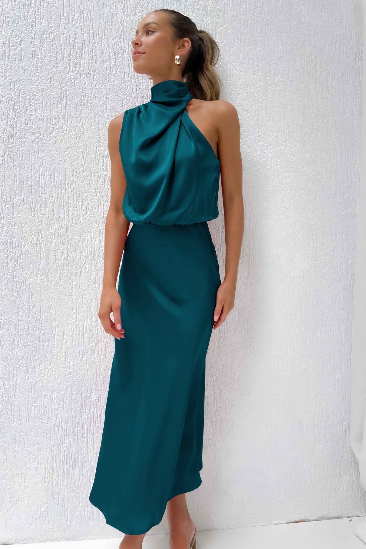 Estella Draped Dress with High Neckline