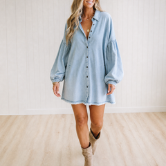 Maeve relaxed frayed hem denim shirt in light blue, front view