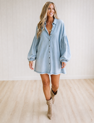 Maeve relaxed frayed hem denim shirt in light blue, front view