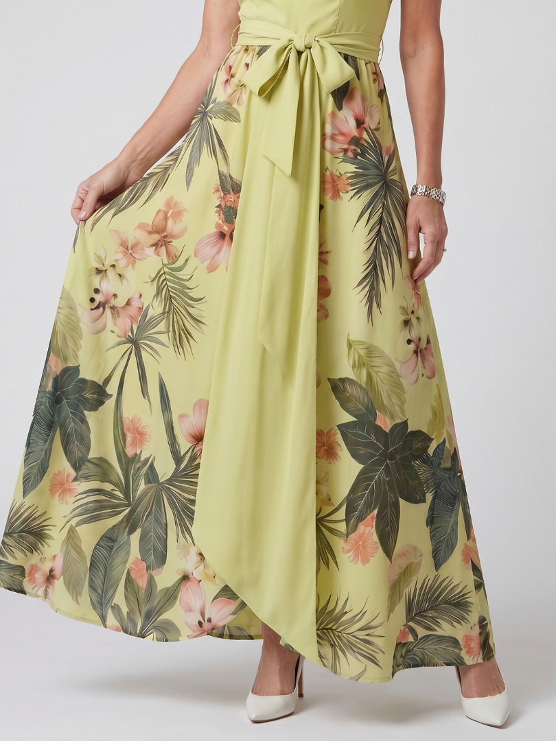 Meadow Draped Halter Botanical Panel Maxi Dress