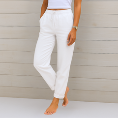 Adrianna linen stretch trousers, close view of the waistband