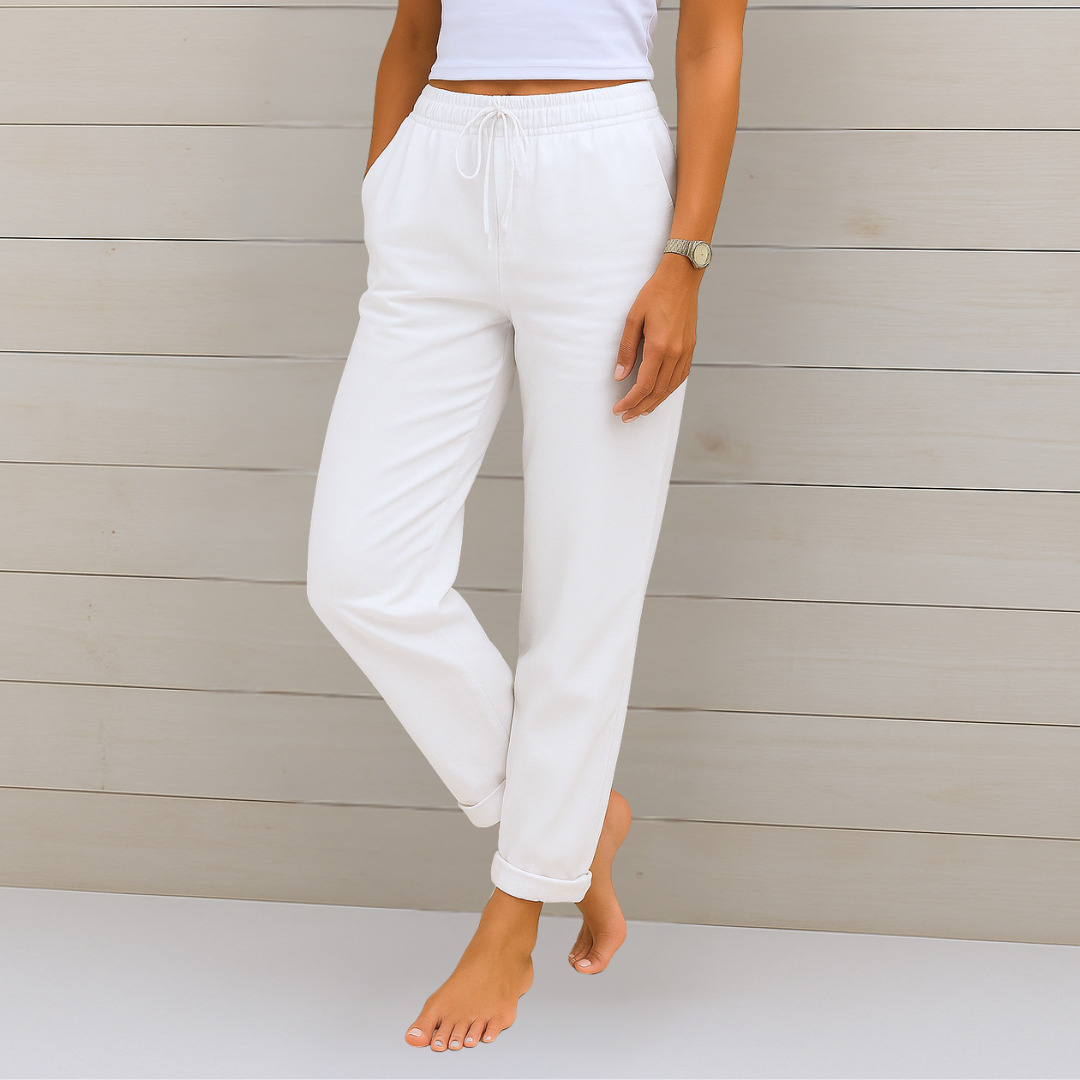 Adrianna linen stretch trousers, close view of the waistband