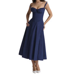 Ruched corset midi dress worn for a daytime event