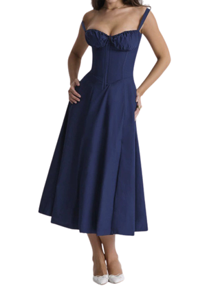 Ruched corset midi dress worn for a daytime event