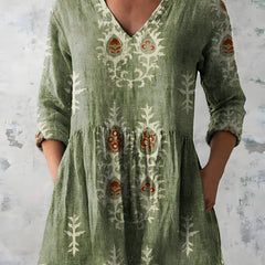 Everly long blouse shown on model, relaxed flowing fit