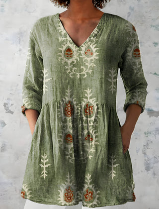 Everly long blouse shown on model, relaxed flowing fit