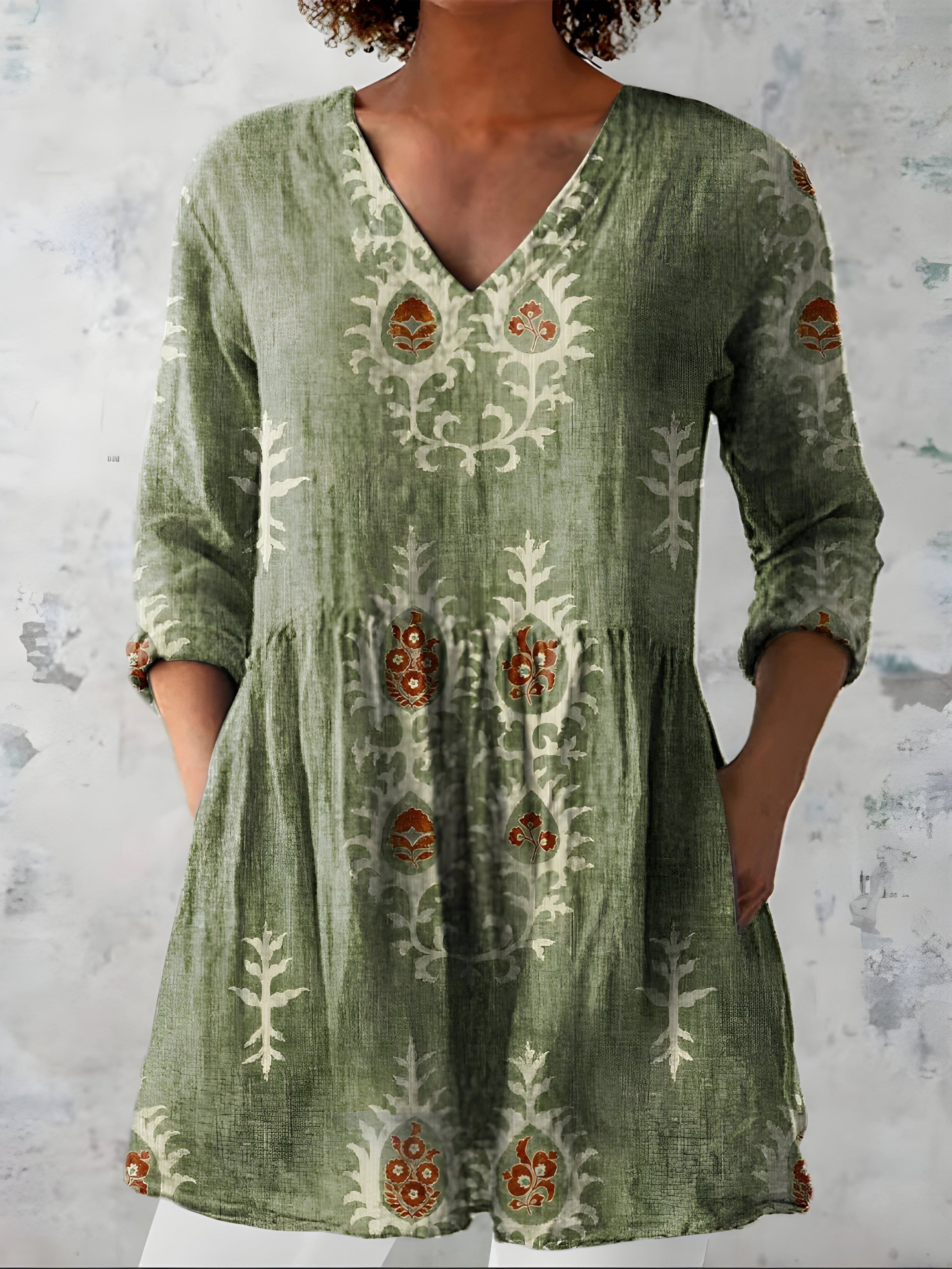 Everly long blouse shown on model, relaxed flowing fit