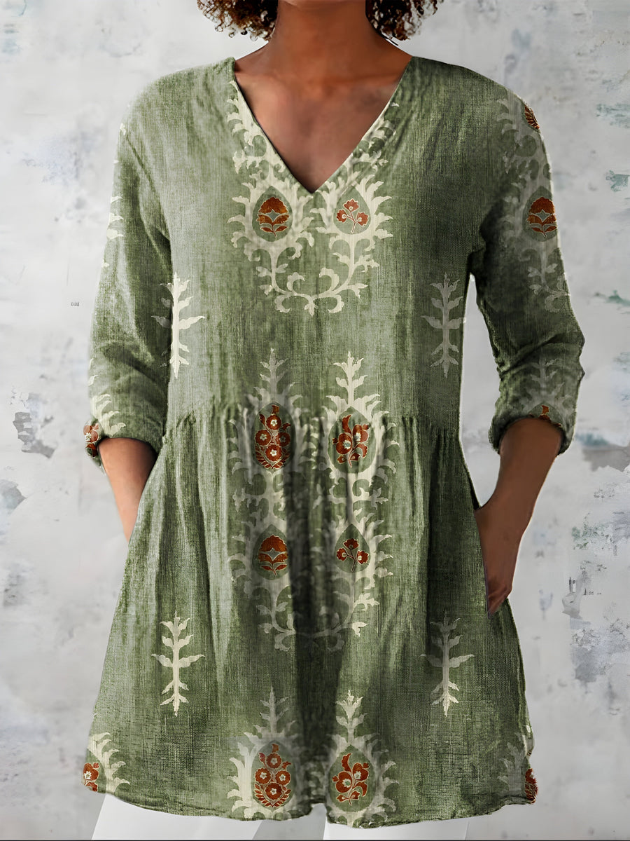Everly long blouse shown on model, relaxed flowing fit