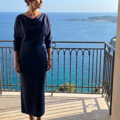 Ursula Draped Neckline Fitted Skirt Midi Dress