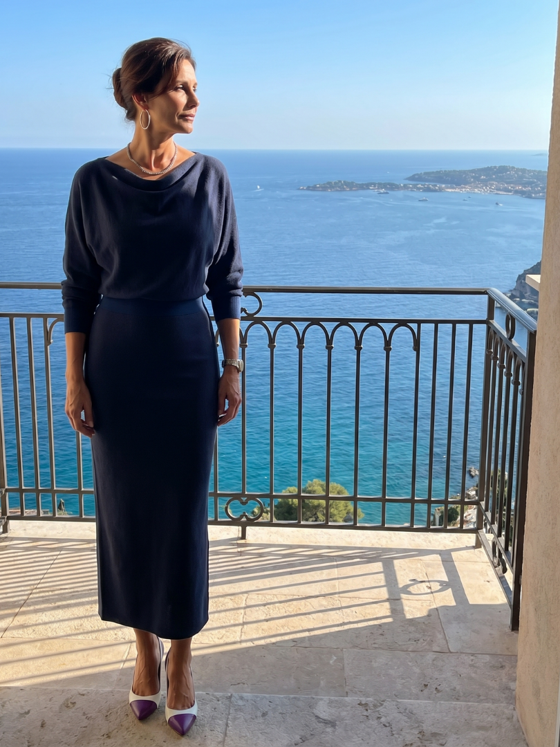Ursula Draped Neckline Fitted Skirt Midi Dress
