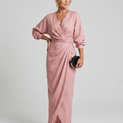 Fable Long Sleeve Wrap Overlap Skirt Midi Dress