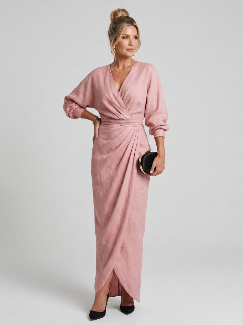 Fable Long Sleeve Wrap Overlap Skirt Midi Dress