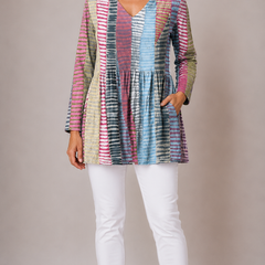 Margo long blouse with V-neck in multicolour print, front view