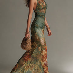 Shantoria Maxi Dress with Floral Print and Mesh Overlay