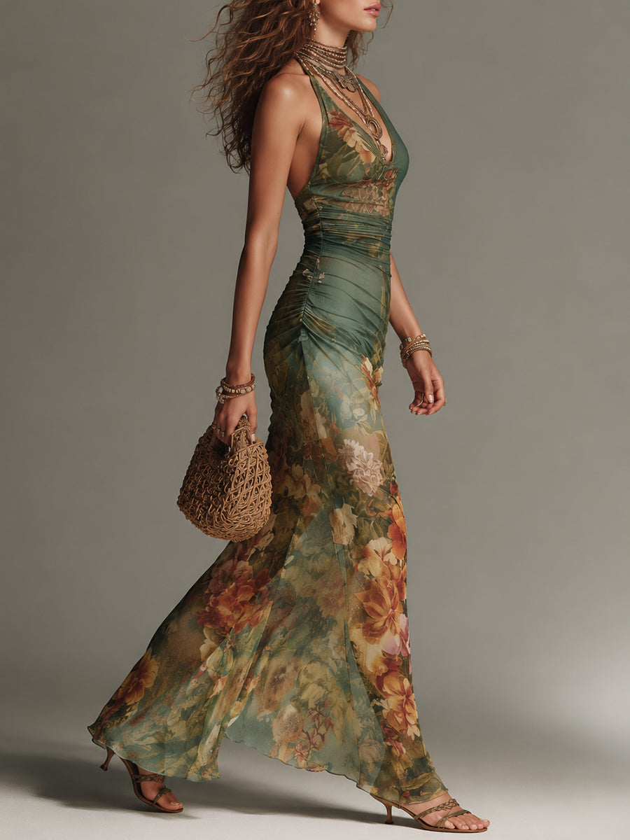 Shantoria Maxi Dress with Floral Print and Mesh Overlay