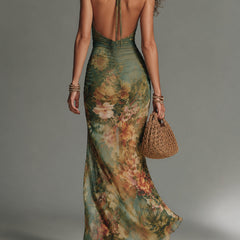 Shantoria Maxi Dress with Floral Print and Mesh Overlay