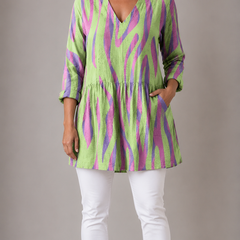 Green printed long blouse with V-neck, front view