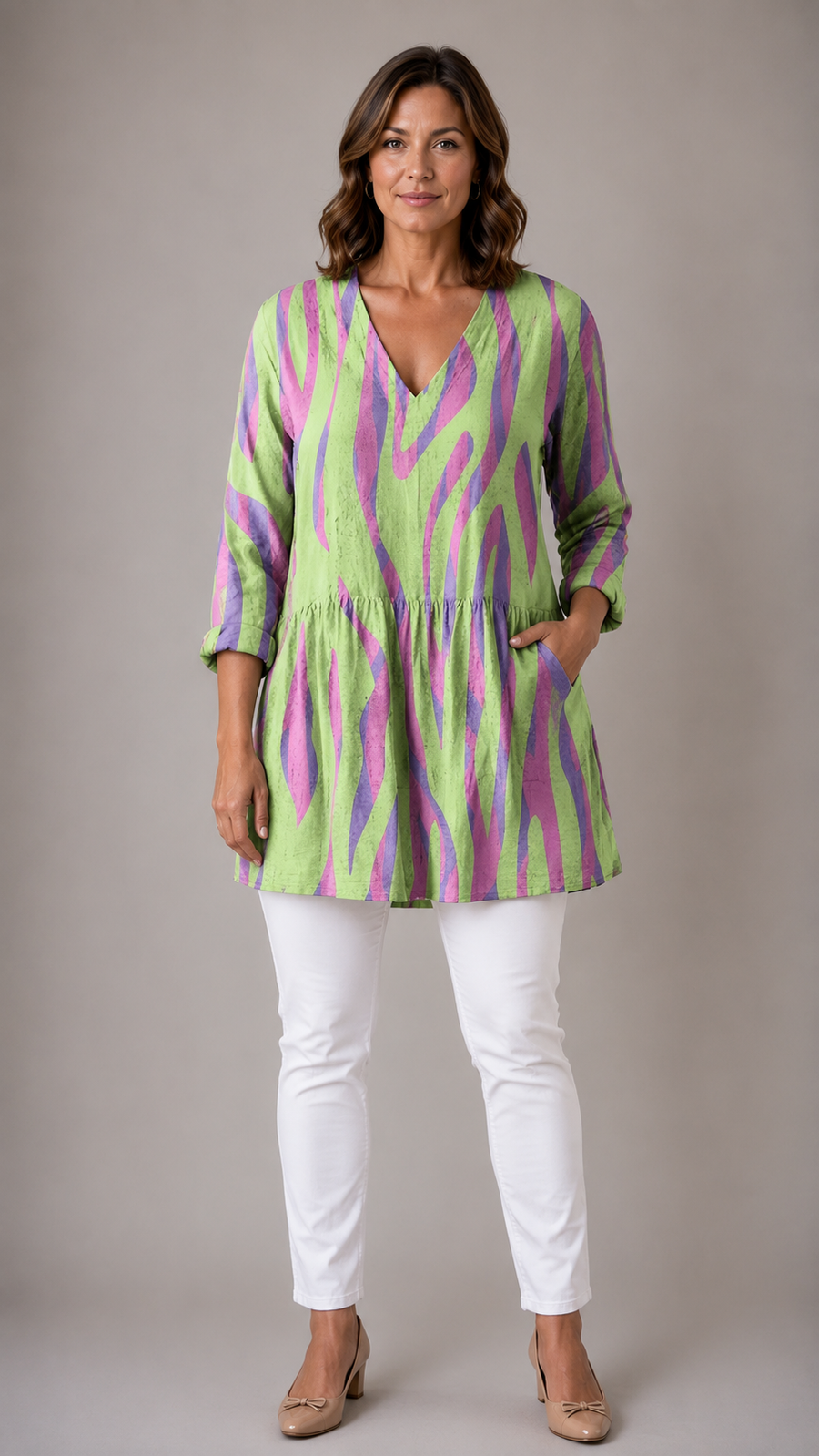 Green printed long blouse with V-neck, front view