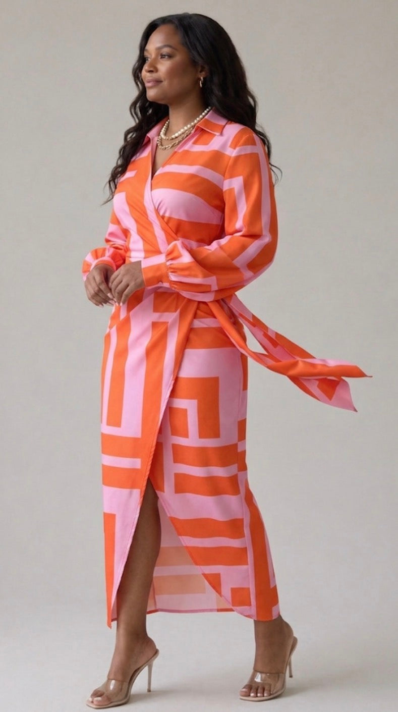 Elvina Printed Wrap Dress with Collared Neckline