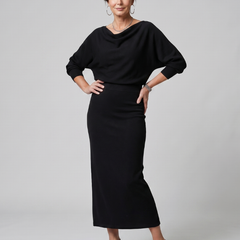 Ursula Draped Neckline Fitted Skirt Midi Dress
