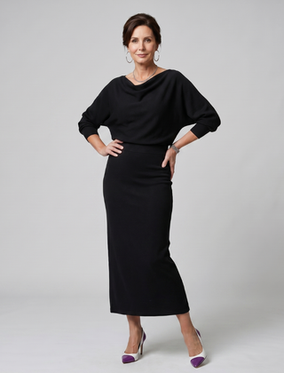 Ursula Draped Neckline Fitted Skirt Midi Dress