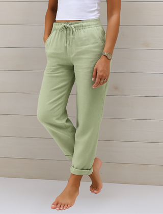 Adrianna linen stretch trousers, side view of the leg drape