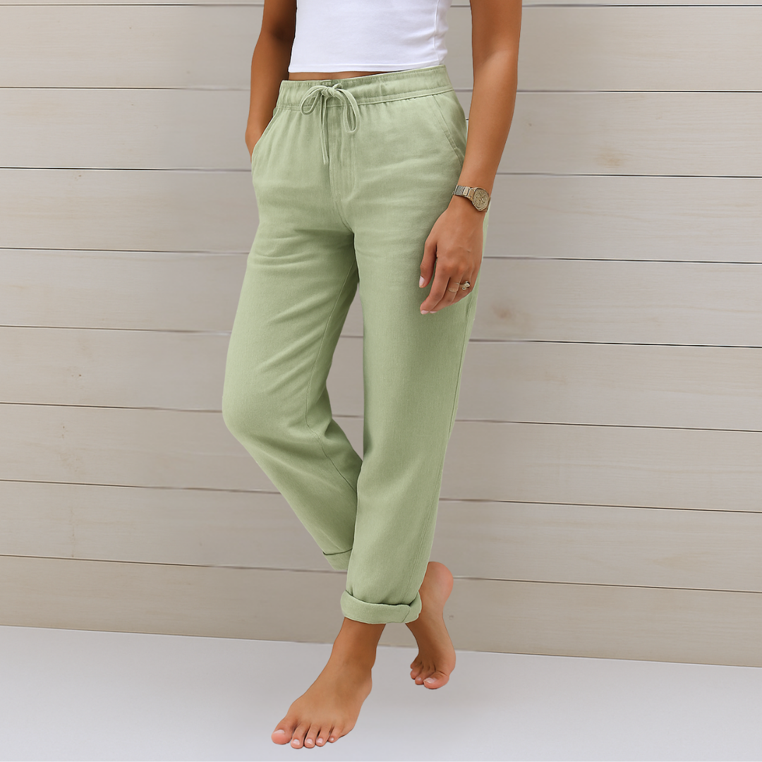 Adrianna linen stretch trousers, side view of the leg drape