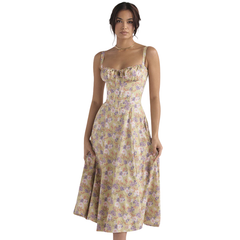 Ruched corset midi dress in a floral print