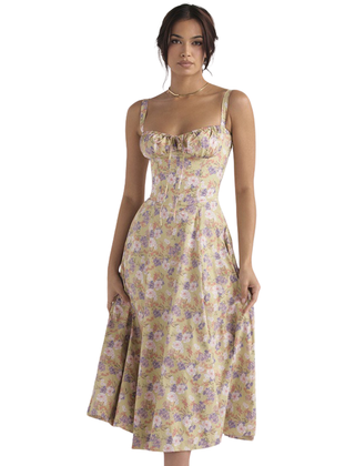 Ruched corset midi dress in a floral print
