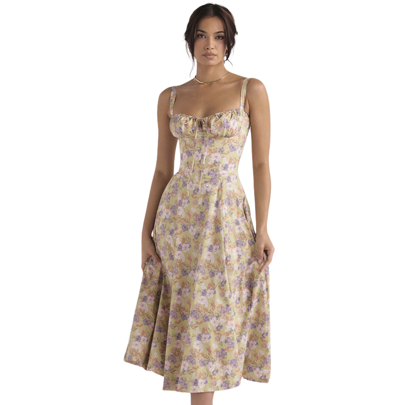 Ruched corset midi dress in a floral print