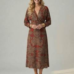 Lune Natural Wrap Midi Dress with Long Sleeves
