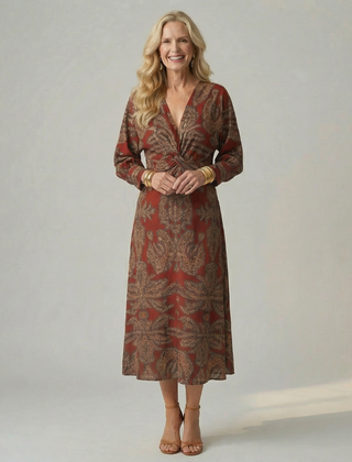 Lune Natural Wrap Midi Dress with Long Sleeves