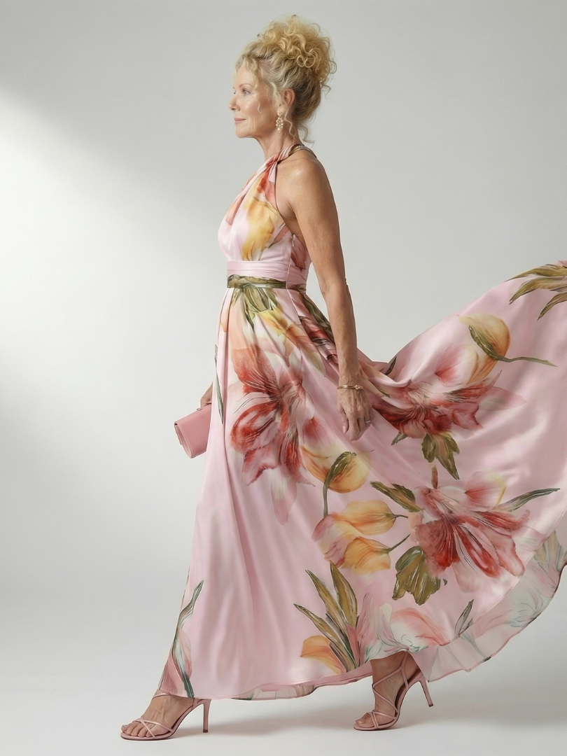 Amiel Light Floral Maxi Dress with Halter Neckline
