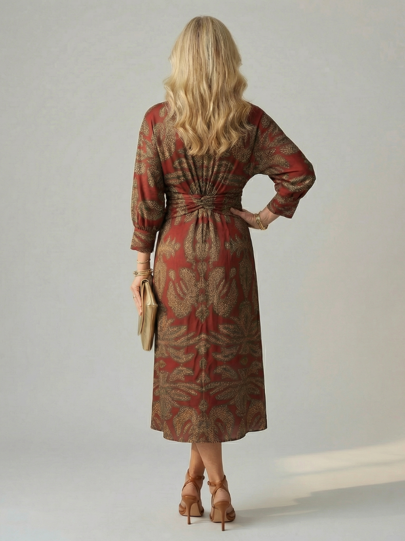 Lune Natural Wrap Midi Dress with Long Sleeves