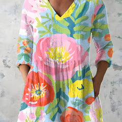 Multicolour long blouse with V-neck styled on model