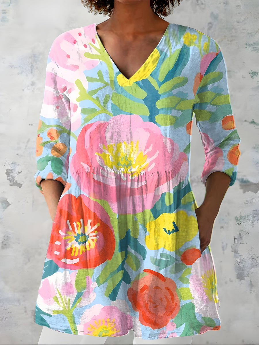 Multicolour long blouse with V-neck styled on model