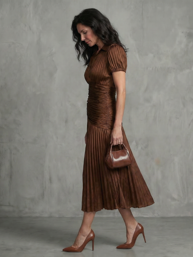 Theodora Pleated Waistline Stripe Midi Dress