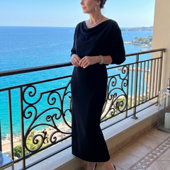 Ursula Draped Neckline Fitted Skirt Midi Dress