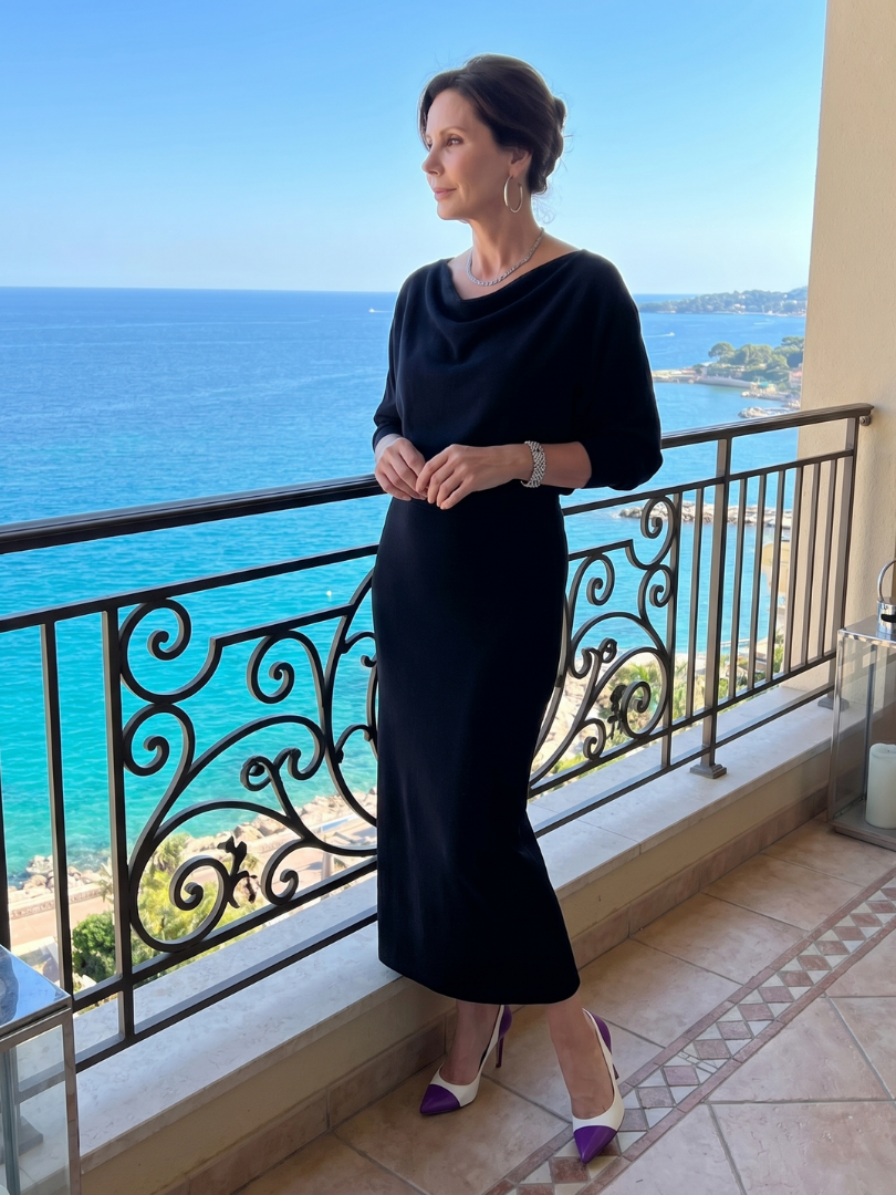 Ursula Draped Neckline Fitted Skirt Midi Dress