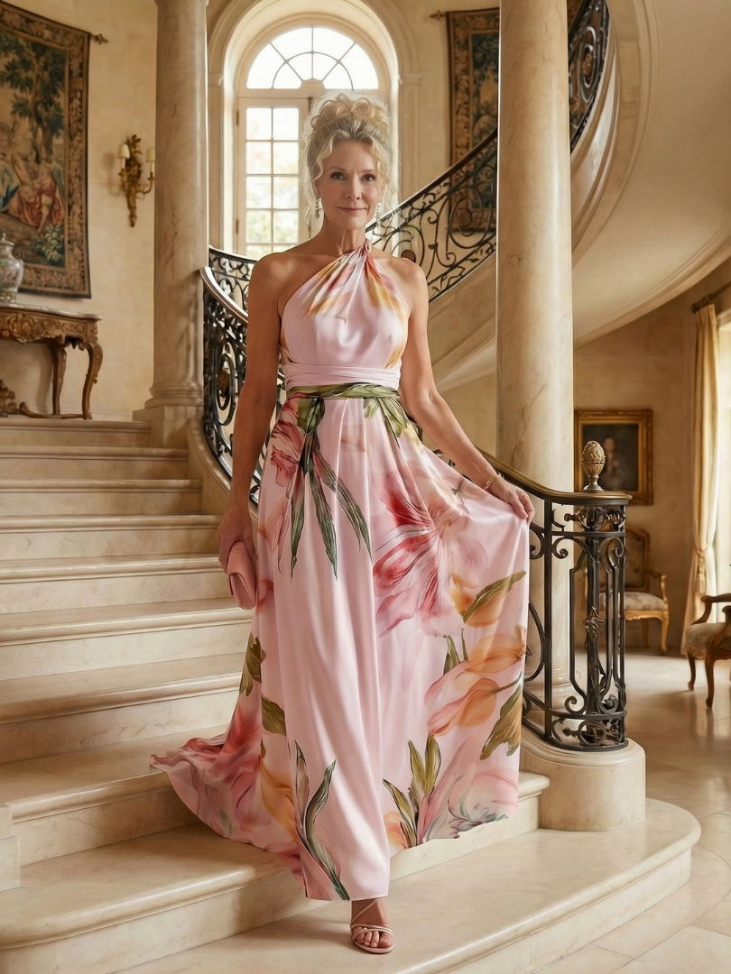 Amiel Light Floral Maxi Dress with Halter Neckline