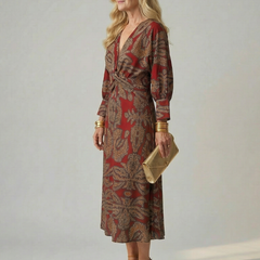 Lune Natural Wrap Midi Dress with Long Sleeves