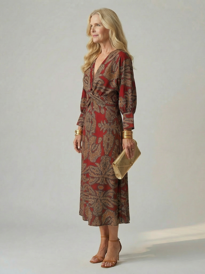 Lune Natural Wrap Midi Dress with Long Sleeves
