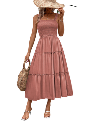 Shirred sundress in a warm neutral colourway