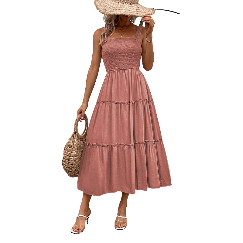 Shirred sundress in a warm neutral colourway