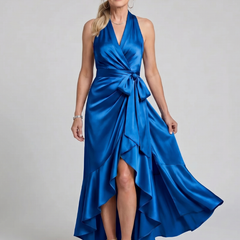 Honora Halter Neck Wrap Asymmetric Hem Midi Dress