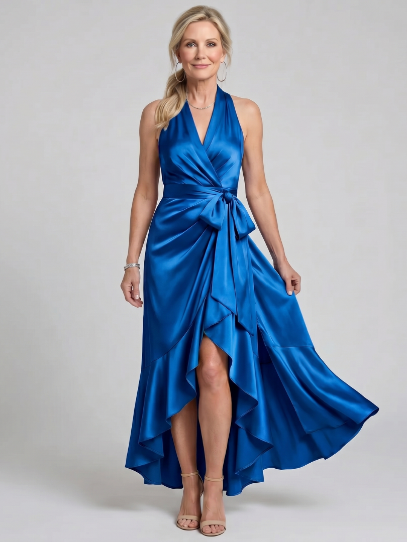 Honora Halter Neck Wrap Asymmetric Hem Midi Dress