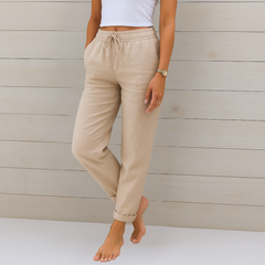 Adrianna linen stretch trousers worn with a light top