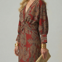 Lune Natural Wrap Midi Dress with Long Sleeves